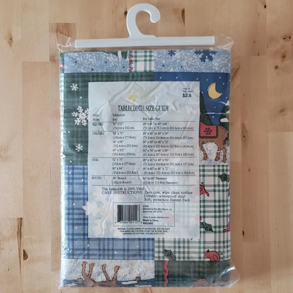 Christmas Tablecloth Flannel Backed Vinyl 52 x 70 Oblong Snowflakes Plaid Blue